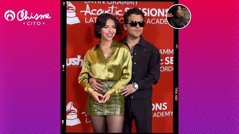 Ángela Aguilar y Christian Nodal posando juntos en la alfombra roja de los Latin Grammy.